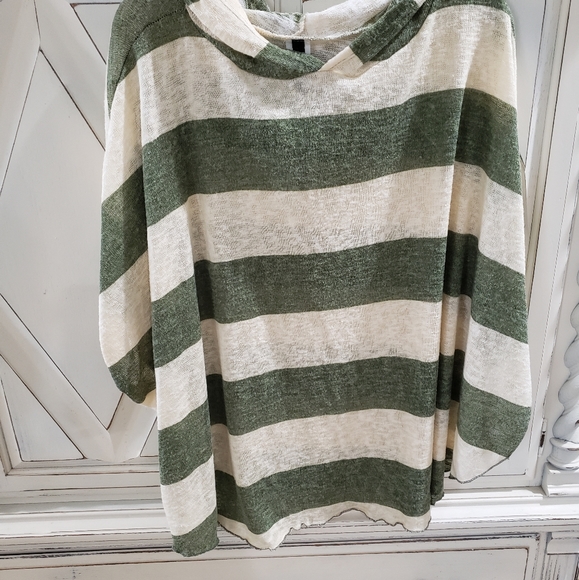 Voll Tops - Green Striped Sweater Poncho with Sleeves